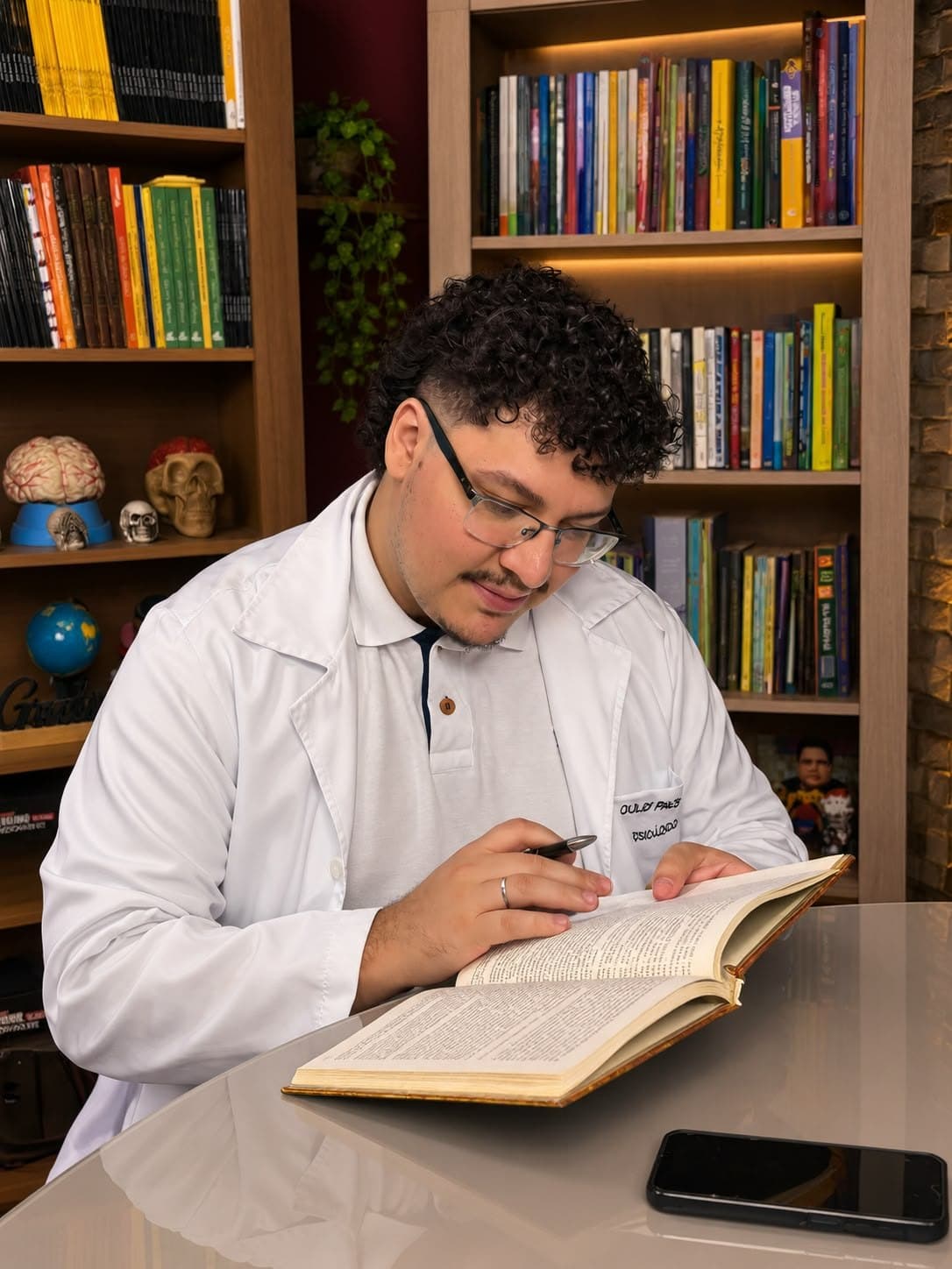 Julio Paes Jr. lendo um livro à mesa do consultório